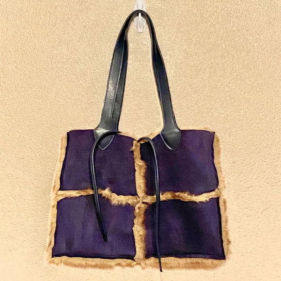 Dennis Basso Faux Suede Faux Fur Shoulder Bag Blue Tie Closure - Picture 1 of 11